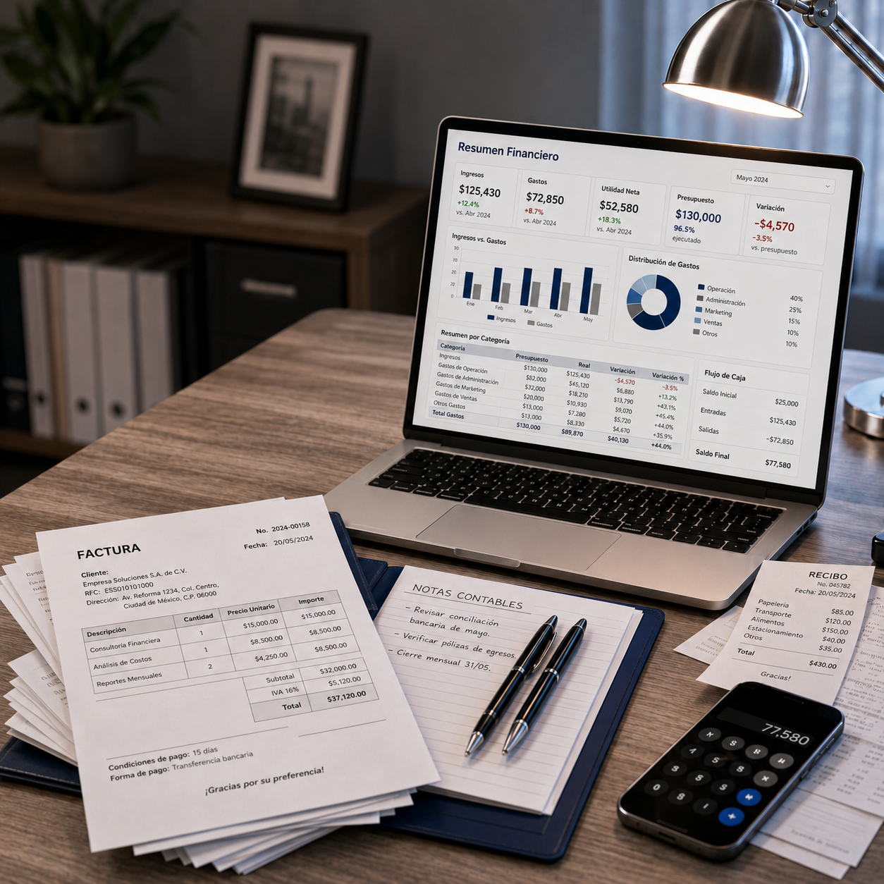 Financial dashboard on laptop with invoices and calculator on office desk