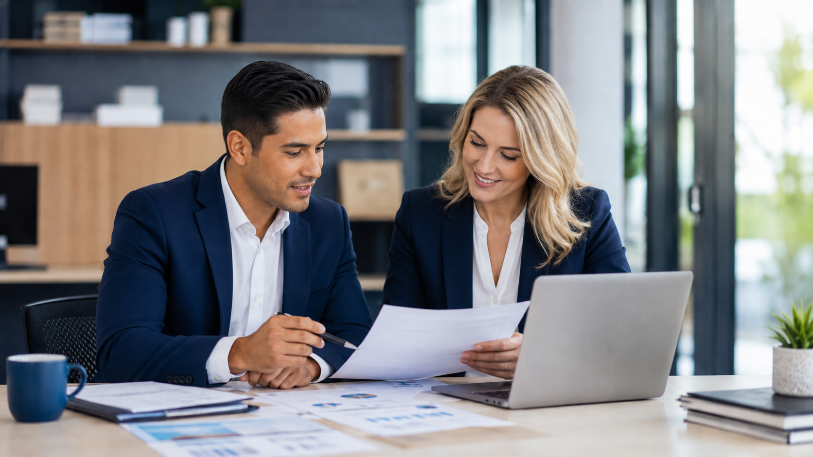 Professionals reviewing financial documents together at a desk